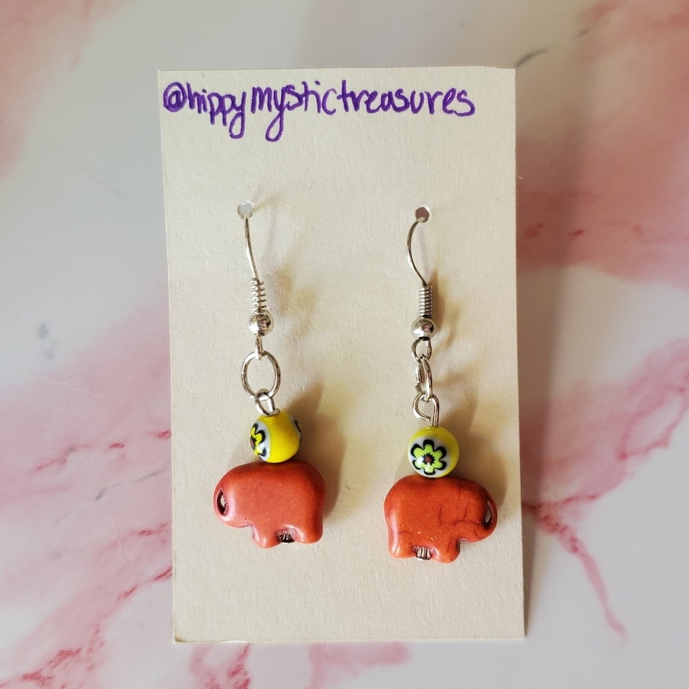 Orange Beaded Elephant Drop Earrings